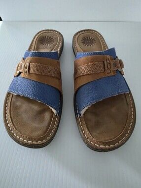 UGG Slides Sharling Fur Lined Blue and Brown Leather 1611 Sandals 9